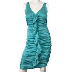Vintage Y2K Nicole Miller Teal Silk Ruched Ruffle Front Tank Mini Cocktail Dress